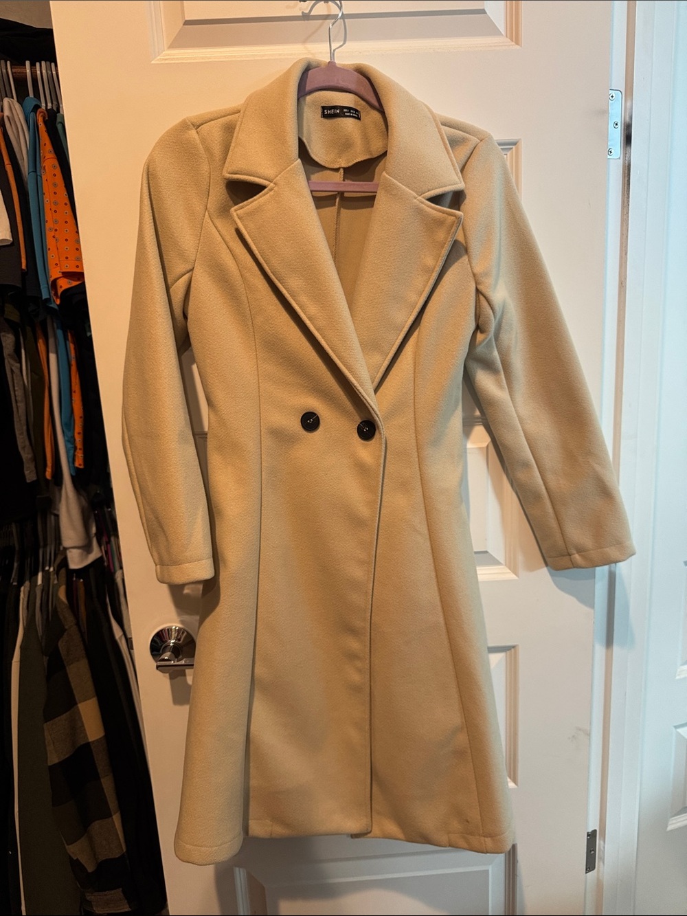 SHEIN Double-Breasted Long Trench Coat in Beige